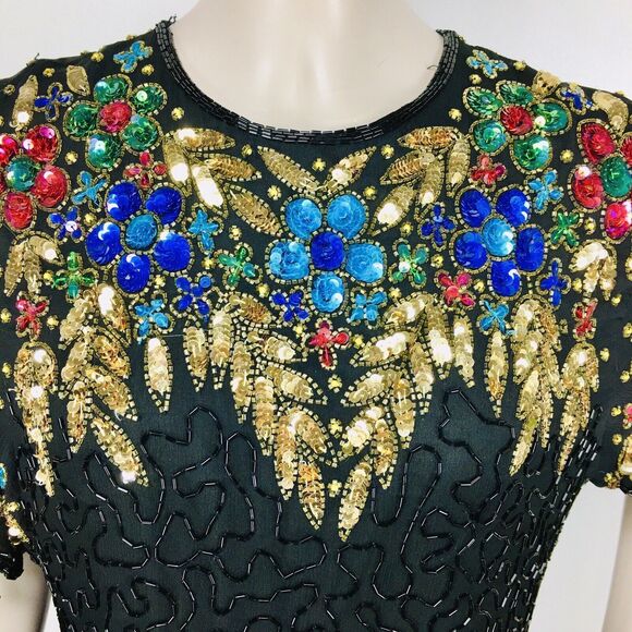 Vintage 80s 100% Silk Beaded Sequined Bright Colored Cocktail Party Dress Carina - Picture 6 of 10